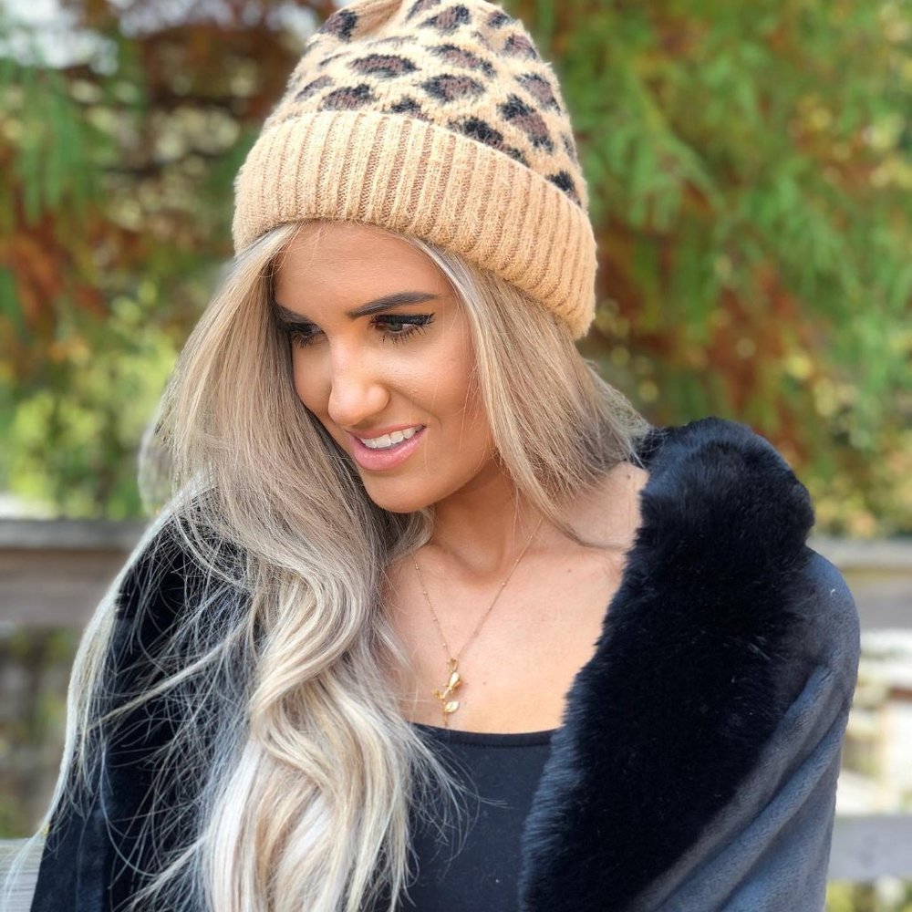 Leopard Print Beanie Hat Solid Trim - Tan